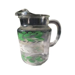 Vintage Glass Pitcher - Green and White Leaves
